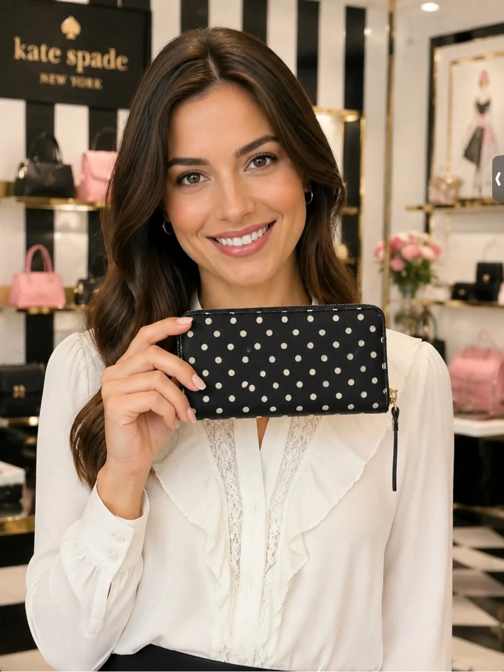 kate spade Black Wallet with White Polka Dots and Gold Hardware